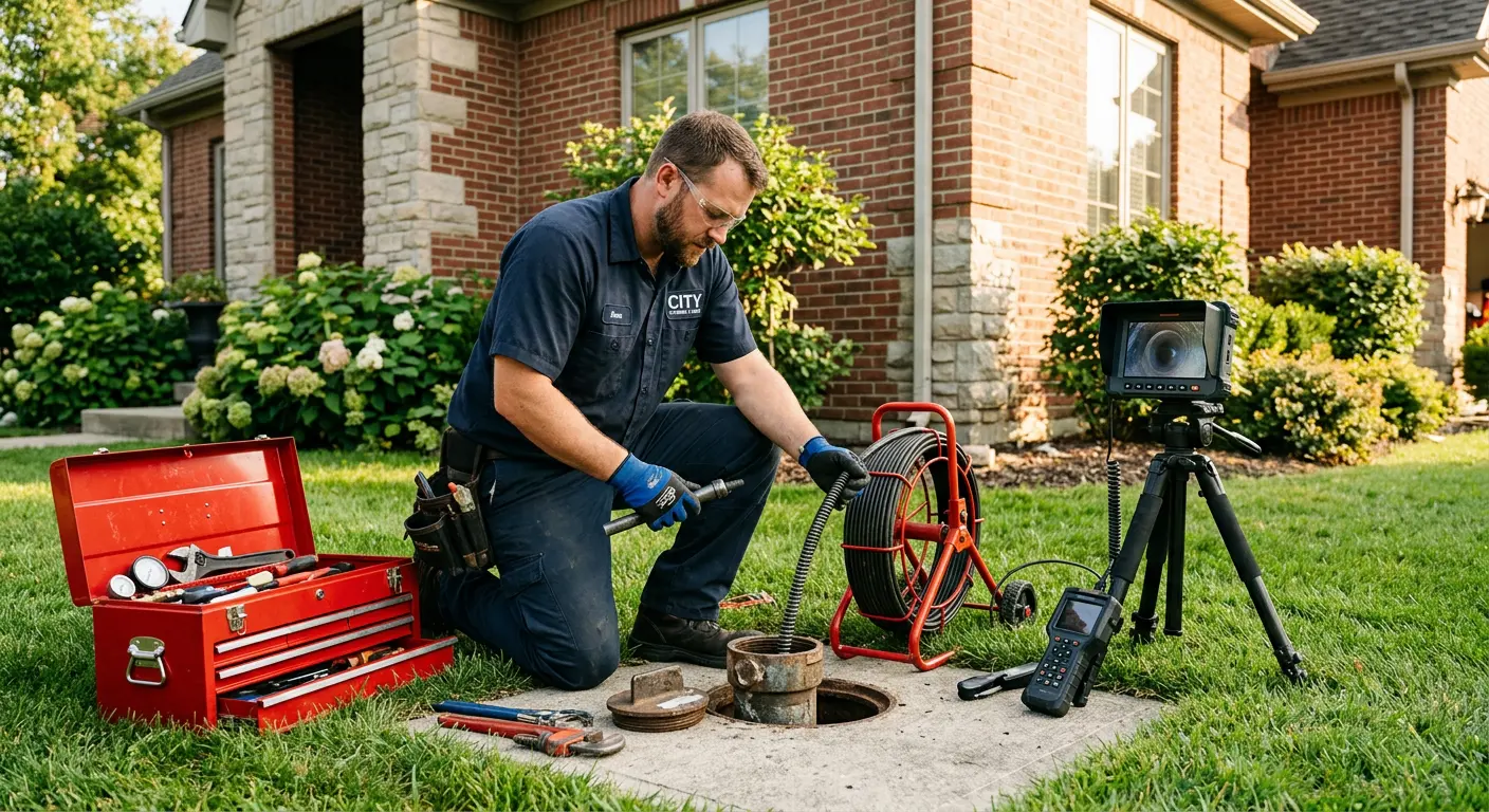 Sewer specialist with camera equipment servicing a cleanout in Houlton