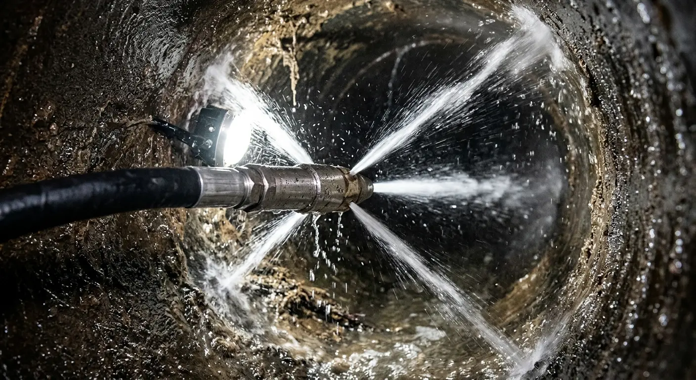 High-pressure hydro jetting nozzle cleaning sewer pipe for Emergency Drain Service in Houlton