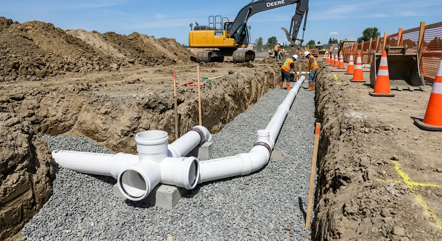 New PVC sewer pipe installation in open trench for Sewer Backup in Houlton