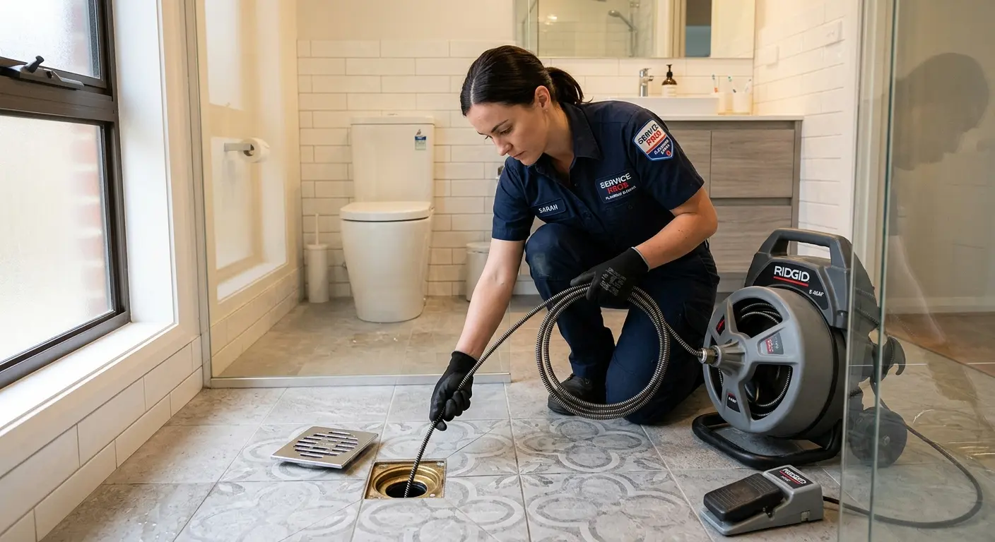 Technician clearing a bathroom floor drain for Sewer Line Replacement in Houlton